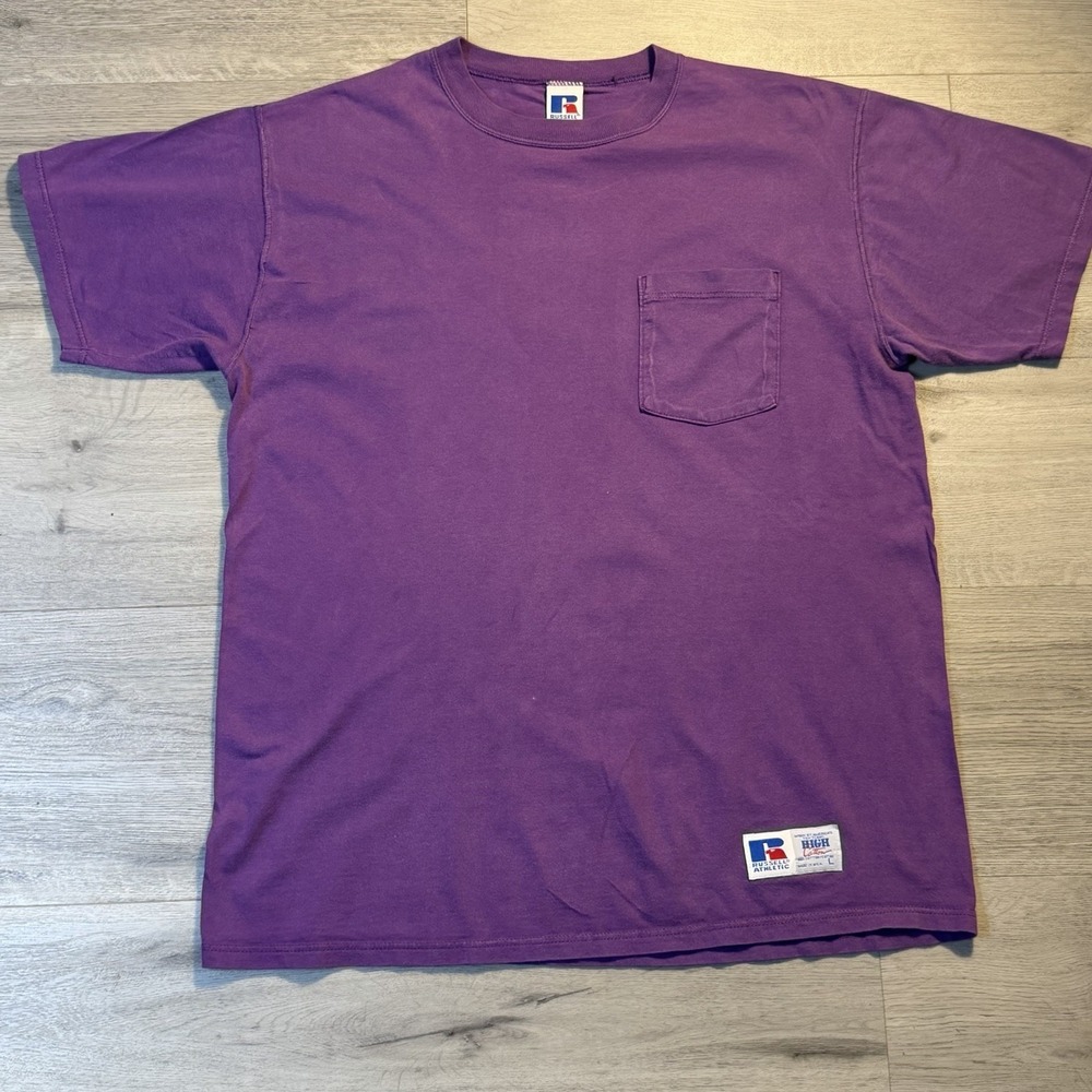 Vintage Y2K USA Made Russell Athletic 100% Cotton T-Shirt Purple Embroidered 90s